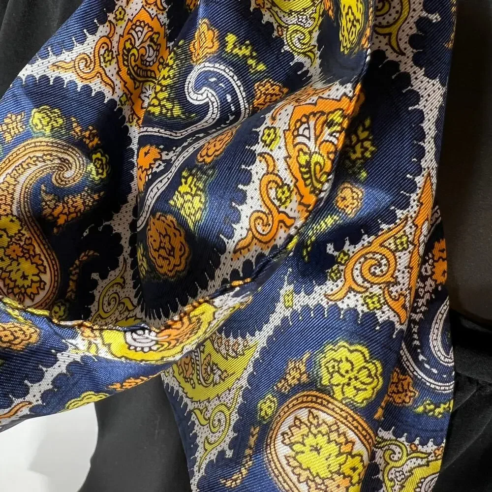 Vintage Paisley Scarf in Blue Yellow Brown Orange 70s Rectangle Retro